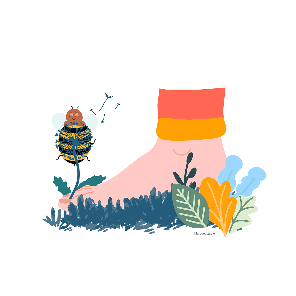 Illustrations d'un pied nu qui marche dans l'herbe et d'une abeille qui butine