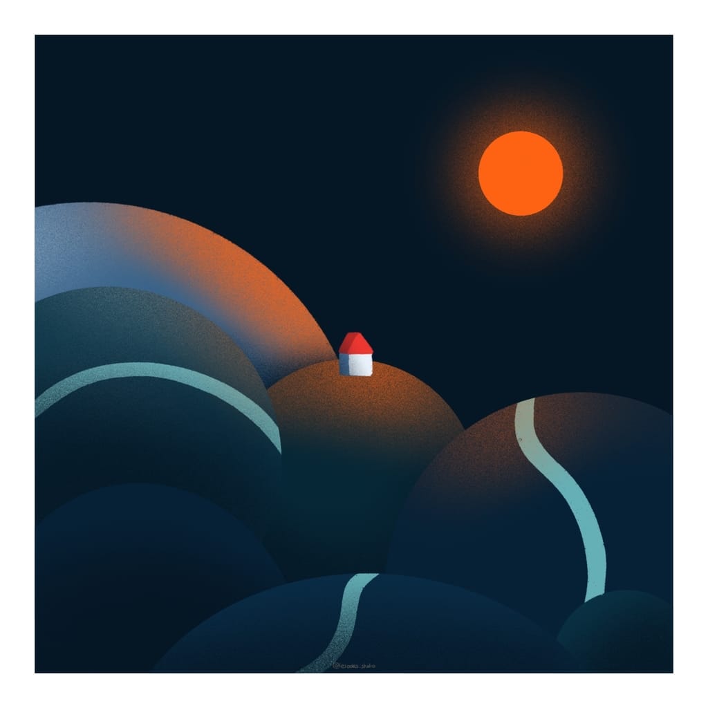 Illustration d'une maison sur une colline de nuit avec le reflet de la Lune