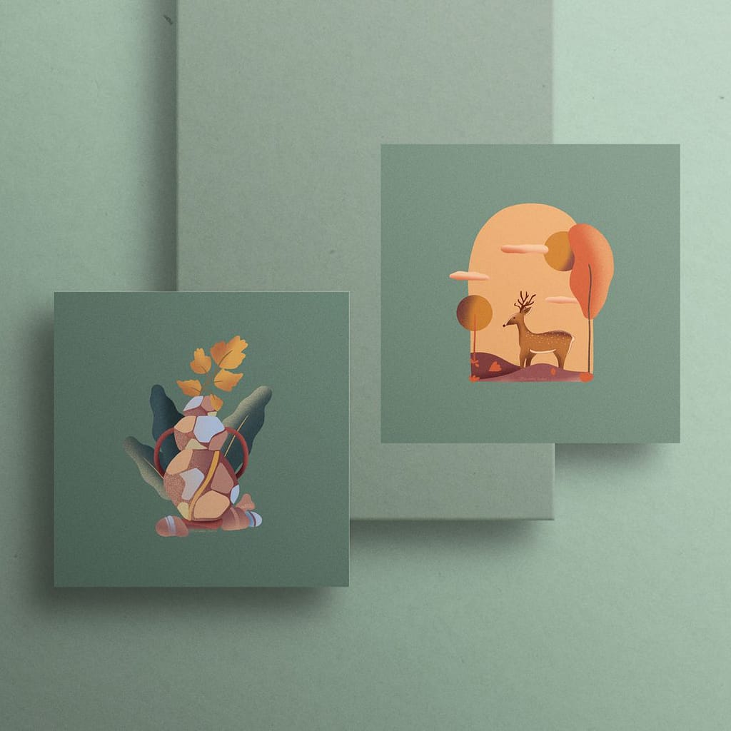 Photo de deux illustrations représentant une amphore fleurie à gauche et un cerf dans la forêt à droite