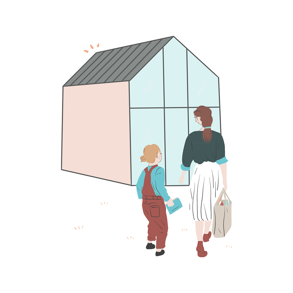 Illustration d'une enfant et sa maman se rendant à la bibliothèque