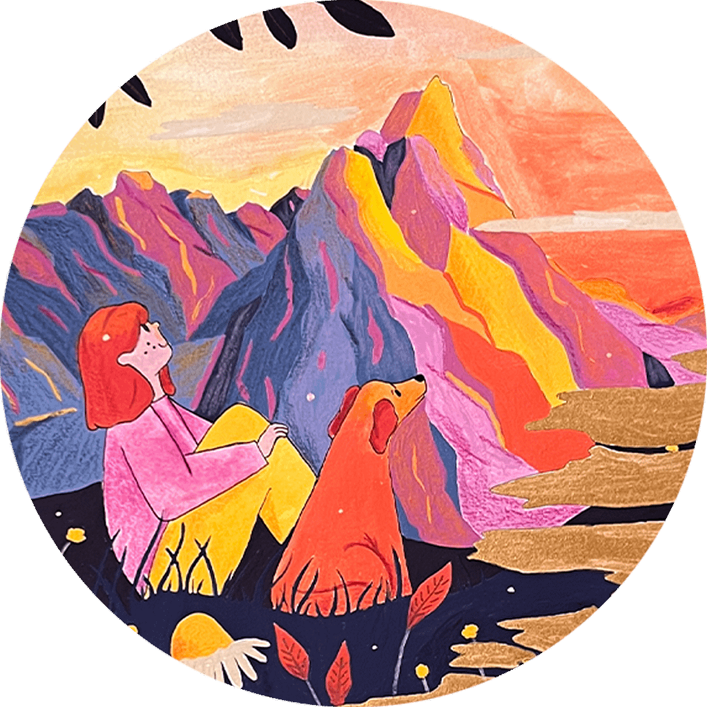 Illustration d'une jeune fille avec son chien regardant le coucher de soleil à la montagne