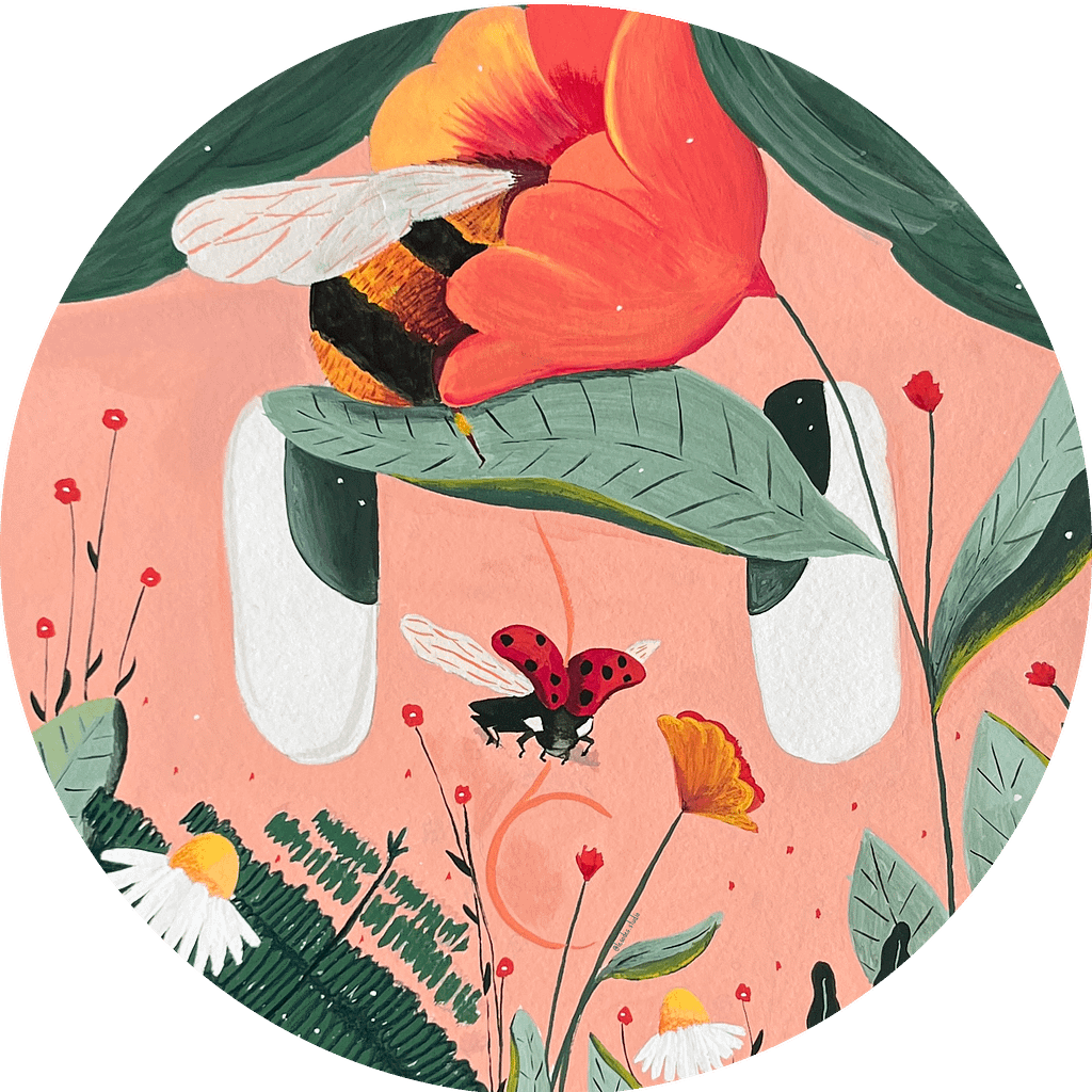 Illustration d'un personnage au milieu de la nature qui regarde des insectes dans les fleurs