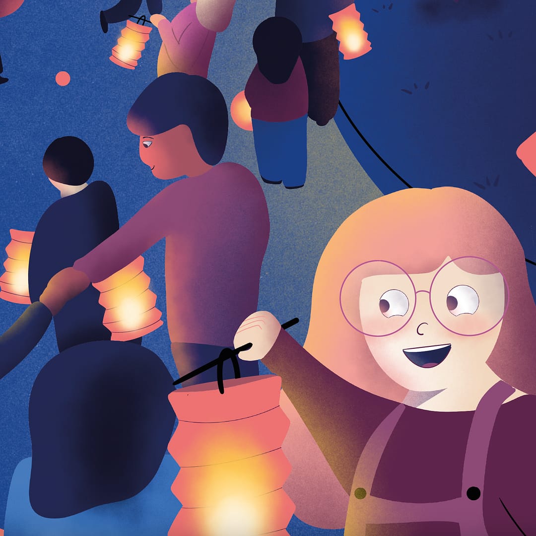 Détail de l'illustration avec une enfant portant un lampion pour la fête des allumoirs