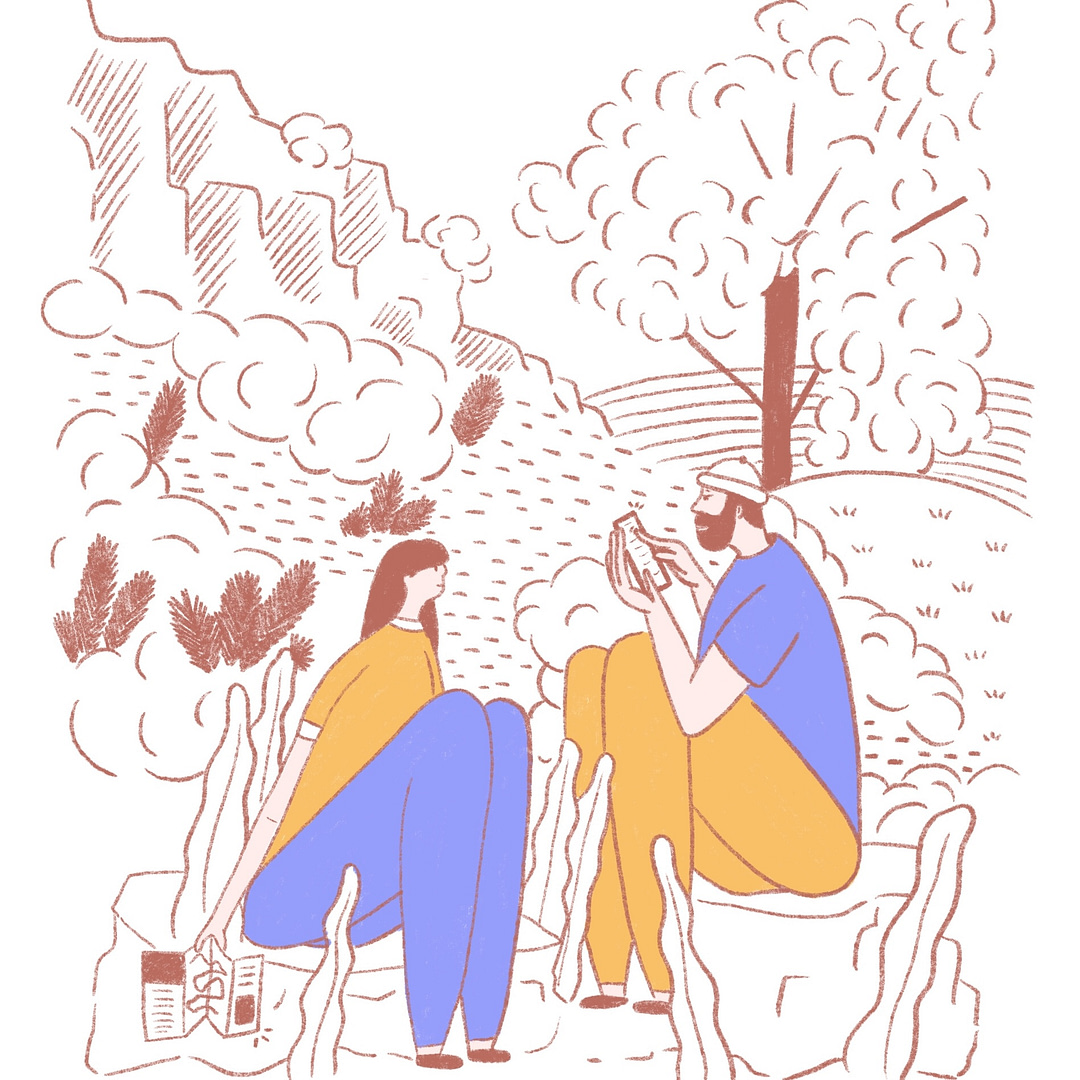 Illustration de deux personnages en randonnée au milieu de la nature