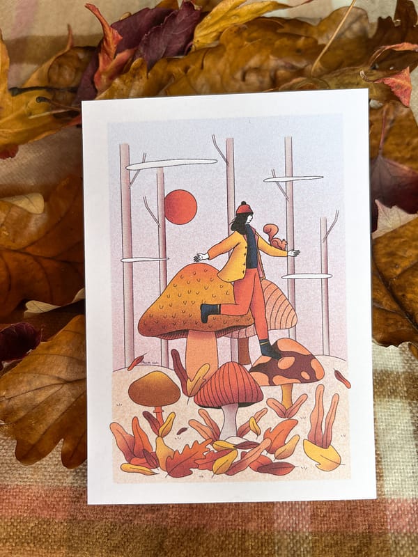 Photo d'une illustration représentant une jeune femme en forêt qui saute sur des champignons