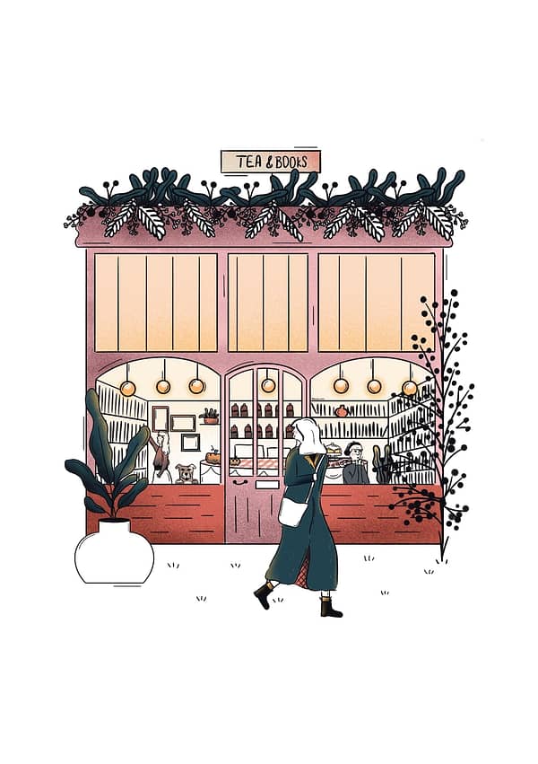 Illustration d'une jeune femme devant un salon de thé et librairie