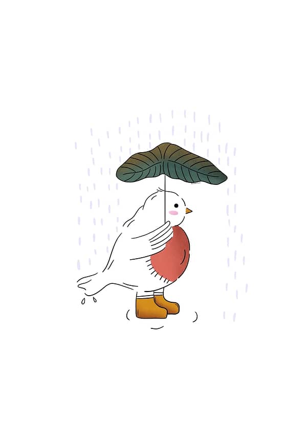 illustration représentant un oiseau sous la pluie avec un parapluie