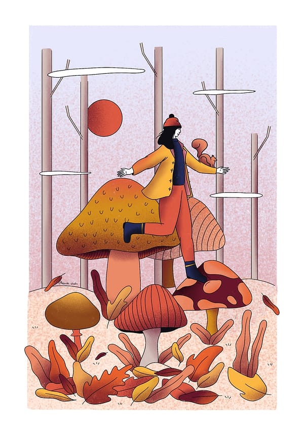 Illustration représentant une jeune femme en forêt qui saute sur des champignons
