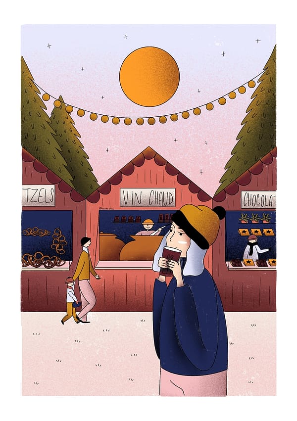 Illustration d'une place de village où se tient un marché d'hiver