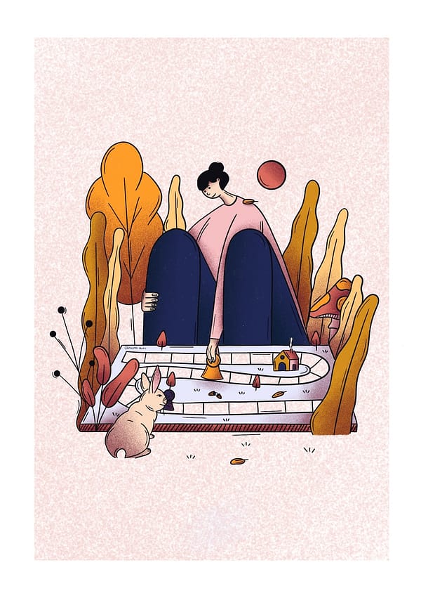 Illustration représentant une femme jouant au jeu de société avec un petit lapin